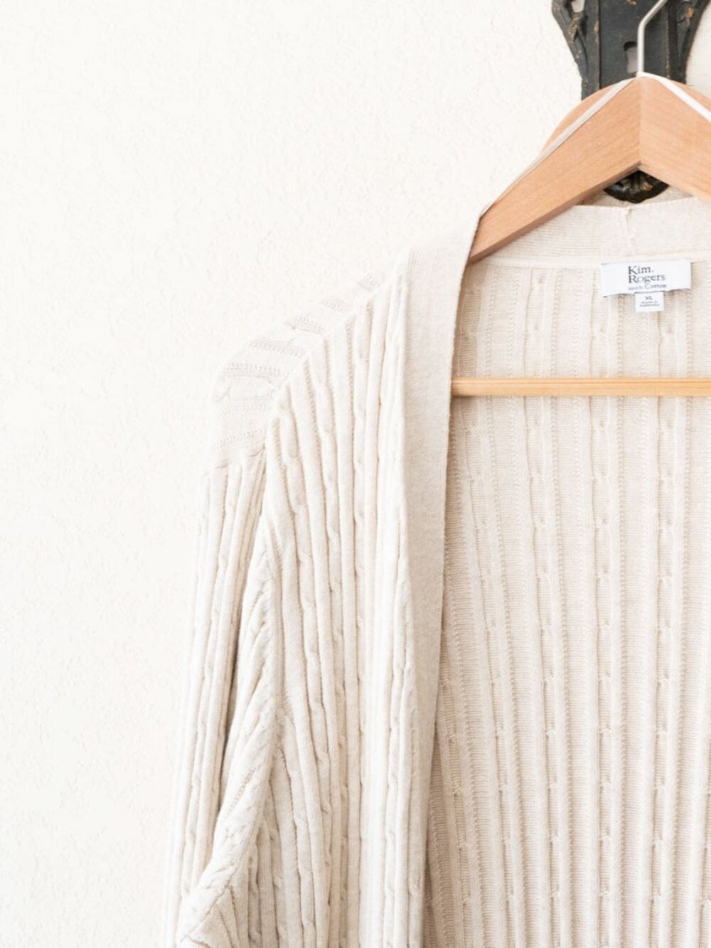 Kim Rogers Cardigan Womens XL Beige 100% Cotton Cable Knit Open Front Pockets - Picture 4 of 13